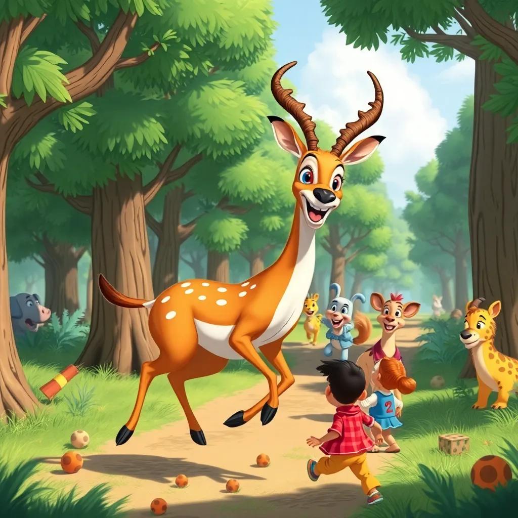 A friendly gazelle organizing a hopping race among trees, with children and animals excitedly participating, fun, lively colors, high quality