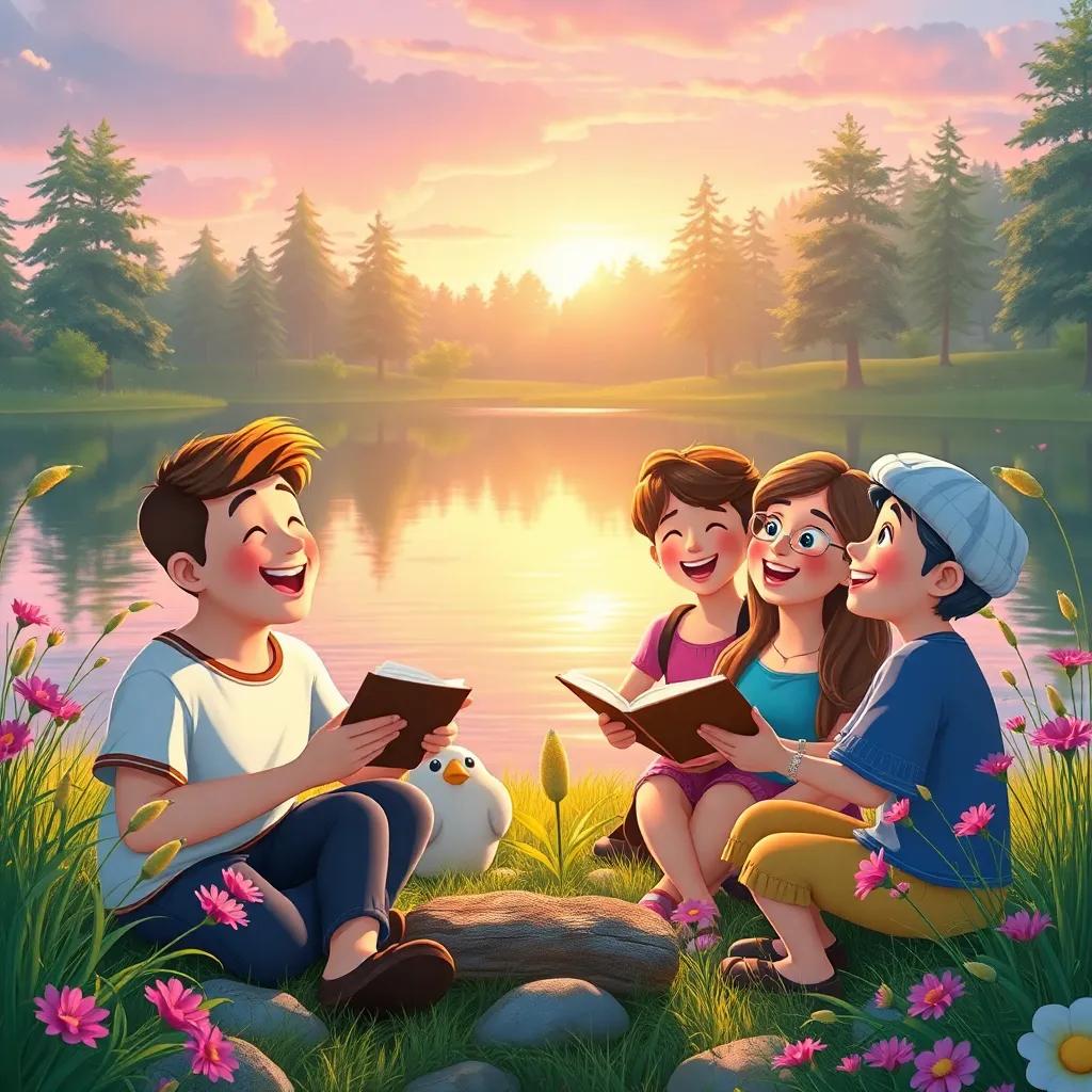 Everyone singing a beautiful song about protecting the environment, with smiles on their faces, peaceful setting around the lake, heartwarming, vibrant colors, high quality
