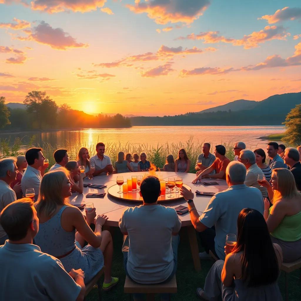 Gathering at sunset around the lake, everyone enjoying refreshments and celebrating their success, joyful and cheerful, beautiful scenery, high quality