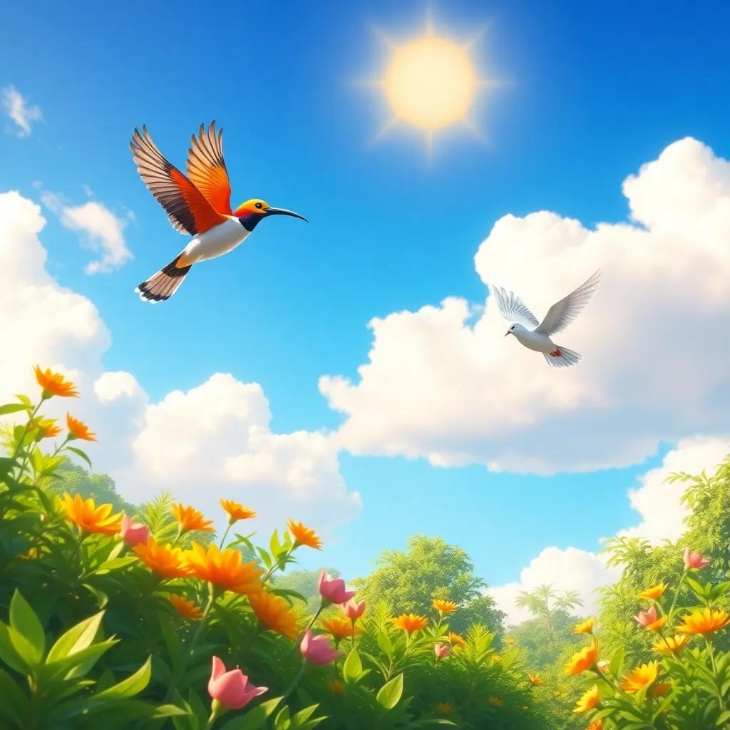 A vibrant and sunny sky with a beautiful garden, two birds flying joyfully, one being a hoopoe and the other a dove, surrounded by lush greenery, digital art, bright colors, cheerful atmosphere, high quality