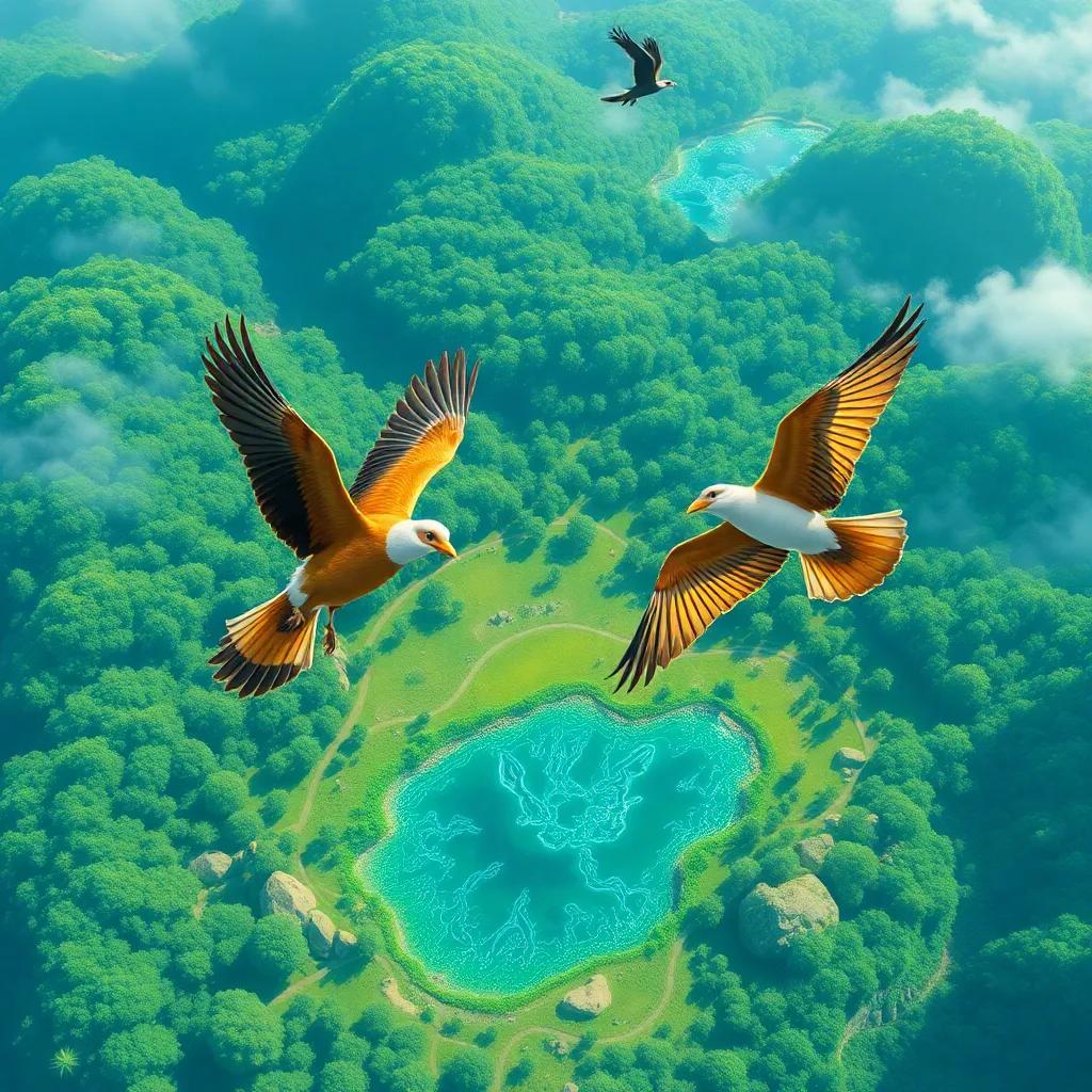 Two birds soaring above a lush reserve, with a clear lake sparkling below, wildlife and natural beauty all around, digital illustration, vivid colors, inspiring scenery, high quality