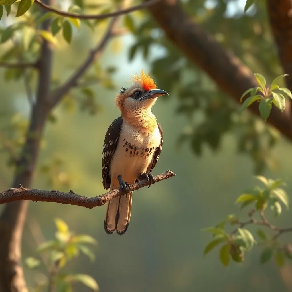 A sad hoopoe perched on a small tree branch, looking down at the damage done to the reserve by reckless cars, worried expression, surrounded by nature, digital art, soft lighting, emotional scene, high quality