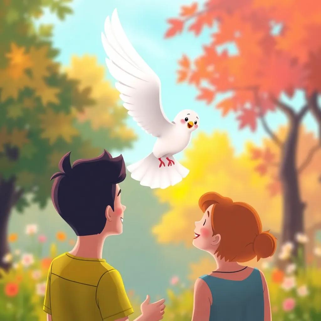 A smiling dove hovering above two friends, suggesting ideas for a community meeting, colorful background of nature, uplifting vibes, digital art, warm colors, inviting atmosphere, high quality
