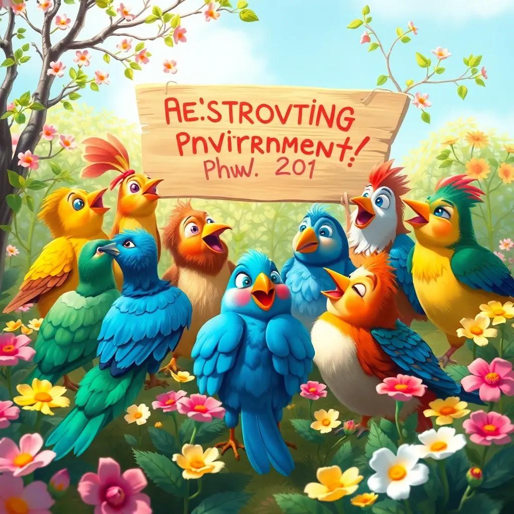 An excited group of birds and animals, brainstorming ideas for preserving the environment, surrounded by flowering plants and trees, collaborative spirit, digital painting, vibrant colors, engaging scene, high quality