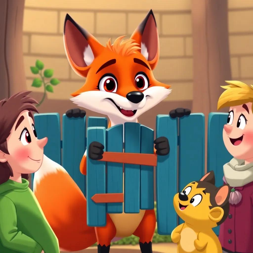 A wise fox presenting a clever design for a smart gate, engaged friends listening attentively with expressions of excitement, cartoon style, cheerful colors, colorful setting, high quality