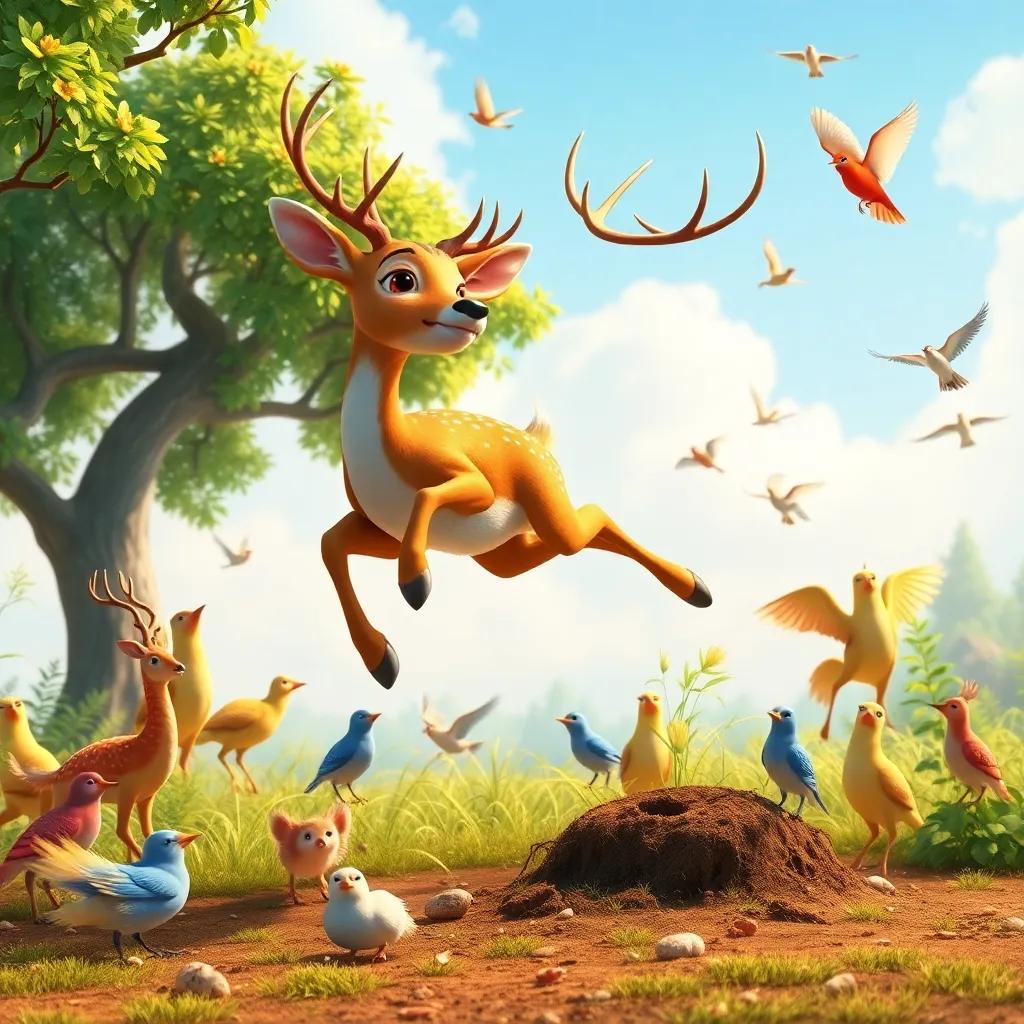 A lively deer jumping around, suggesting planting new trees, joyful energy radiating from the gathering animals and birds, digital art, bright colors, festival-like atmosphere, high quality