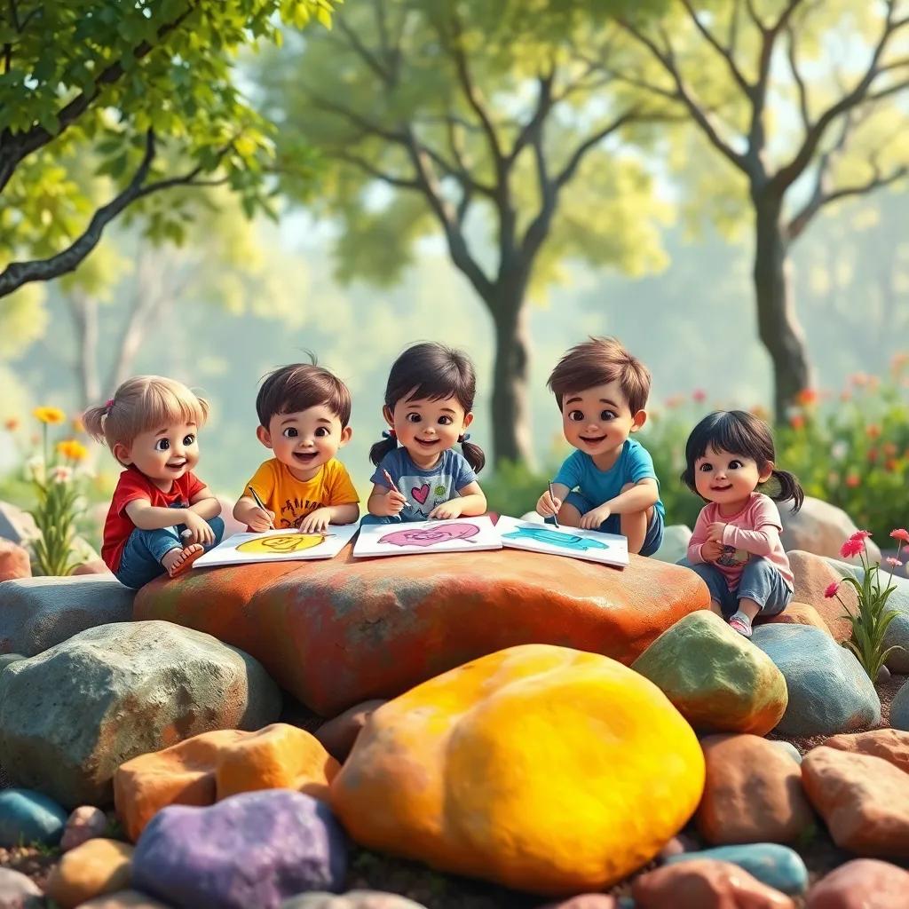 Children playing and drawing vibrant pictures on colorful rocks in nature, happy expressions all around, with trees and flowers in the background, artistic style, bright hues, fun and cheerful, high quality
