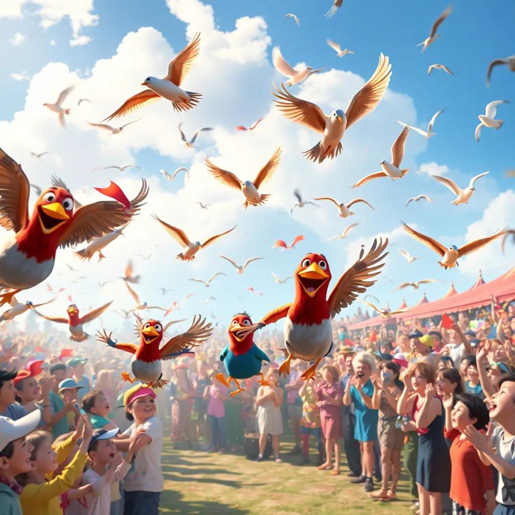 A festive bird race happening with various birds soaring in the sky, excited crowd cheering on the ground, joyful scene filled with color, digital art, high energy, celebratory atmosphere, high quality