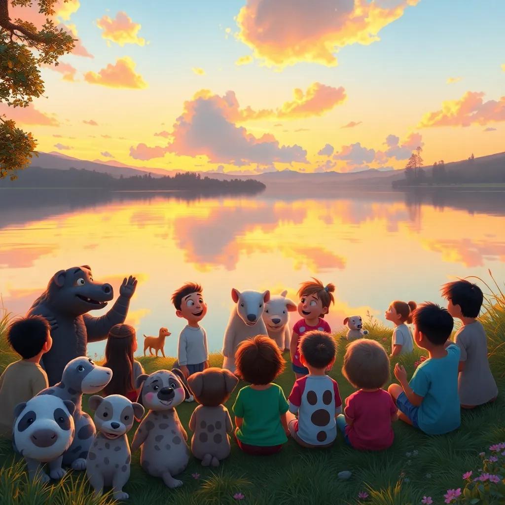 A gathering by a serene lake, reflecting the sunset colors, joyful animals and children singing songs about protecting their environment, harmonious scene, digital painting, warm light, tranquil vibe, high quality