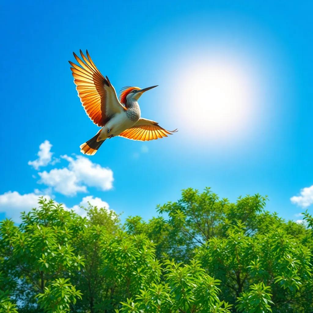 A bright sunny day in a nature reserve, a hoopoe and Um Salem flying together in the sky, with lush greenery below, digital art, vibrant colors, cheerful atmosphere, high quality