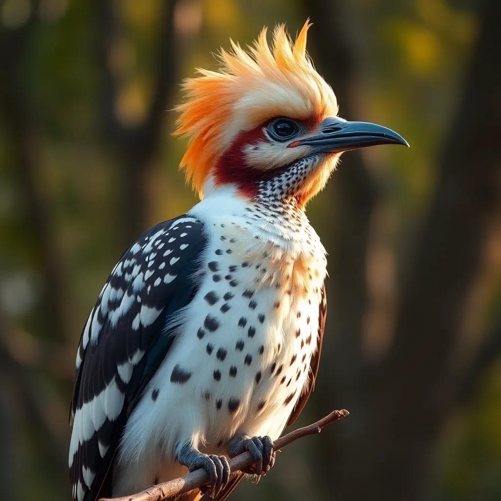 A close-up of the hoopoe looking sad while perched on a small branch, trees in the background, soft light, warm colors, emotional, high quality