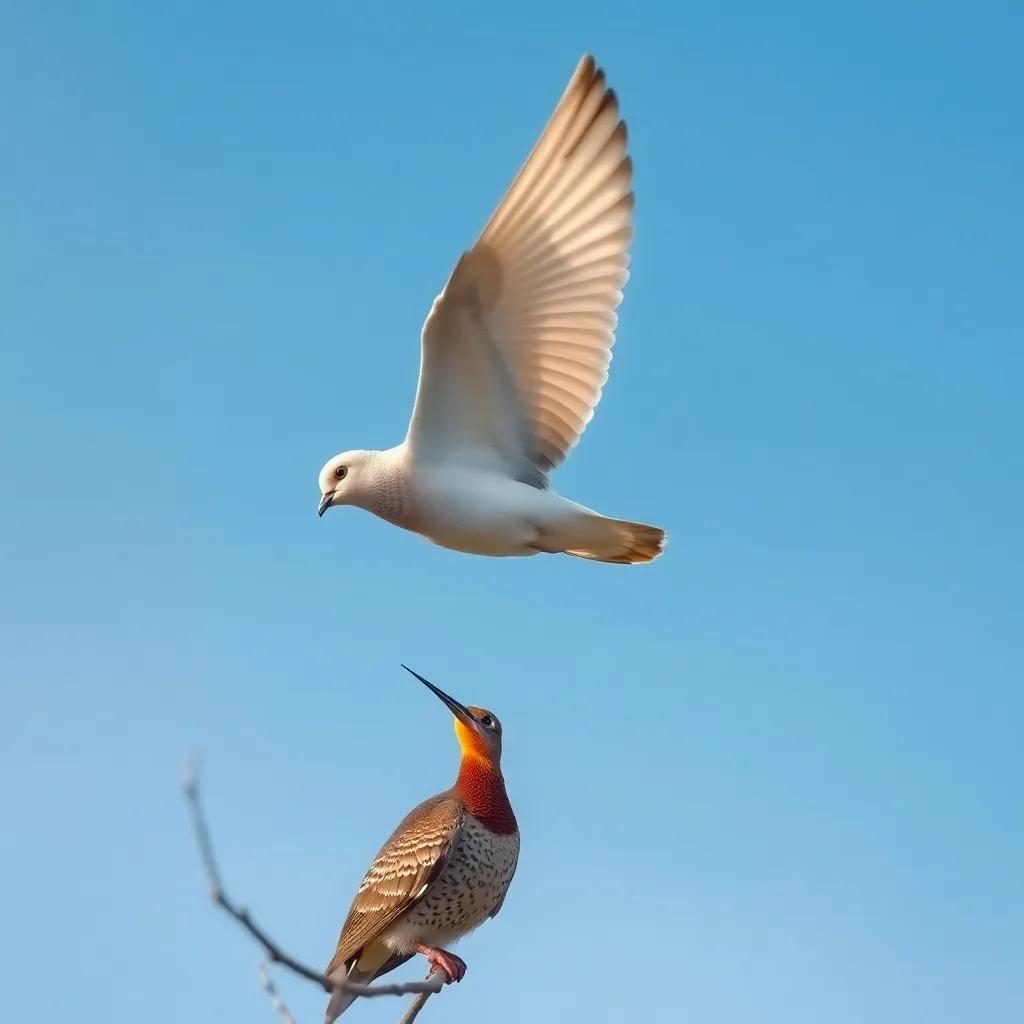 A beautiful dove flying overhead, speaking to the hoopoe and Um Salem with a gentle smile, surrounded by a clear blue sky, digital art, serene and hopeful setting, high quality
