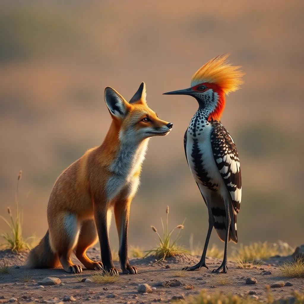 A wise fox standing nearby, listening to the hoopoe and Um Salem, with the nature reserve in the background, detailed digital art, warm tones, engaging atmosphere, high quality