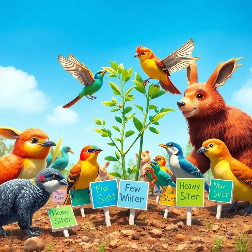 The animals and birds working together to plant new saplings, colorful signs in the ground, blue skies above, digital illustration, vibrant and busy scene, high quality