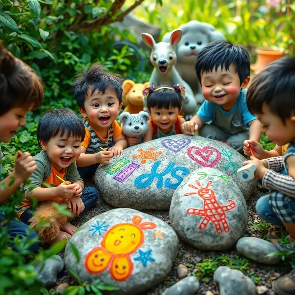 A lively scene of children and animals decorating stones with colorful drawings, excited expressions, surrounded by greenery, digital art, fun and cheerful feel, high quality