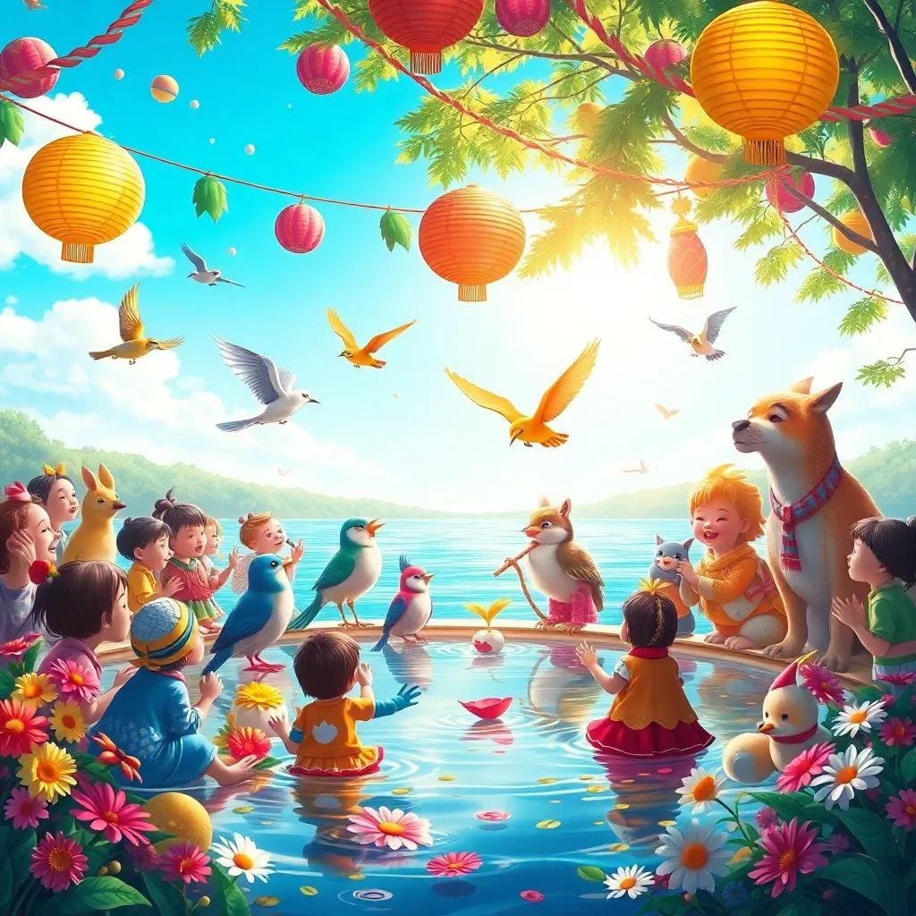 A joyful gathering of birds, children, and animals around a lake singing happily, colorful decorations and flowers, bright sunny day, digital painting, harmonious and festive atmosphere, high quality