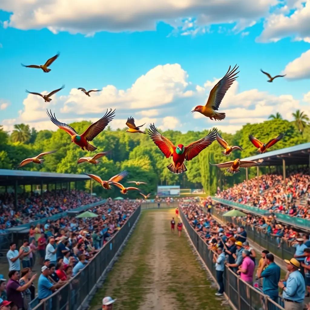 The birds soaring beautifully during a colorful bird race, spectators cheering, lush nature surrounding the racecourse, digital art, excitement in the air, high quality