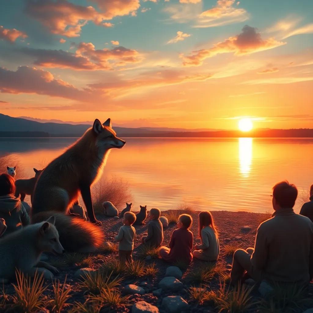 A sunset over the lake with the gathered animals and people, the wise fox speaking with joy, colorful reflection in the water, digital art, warm and inviting, high quality