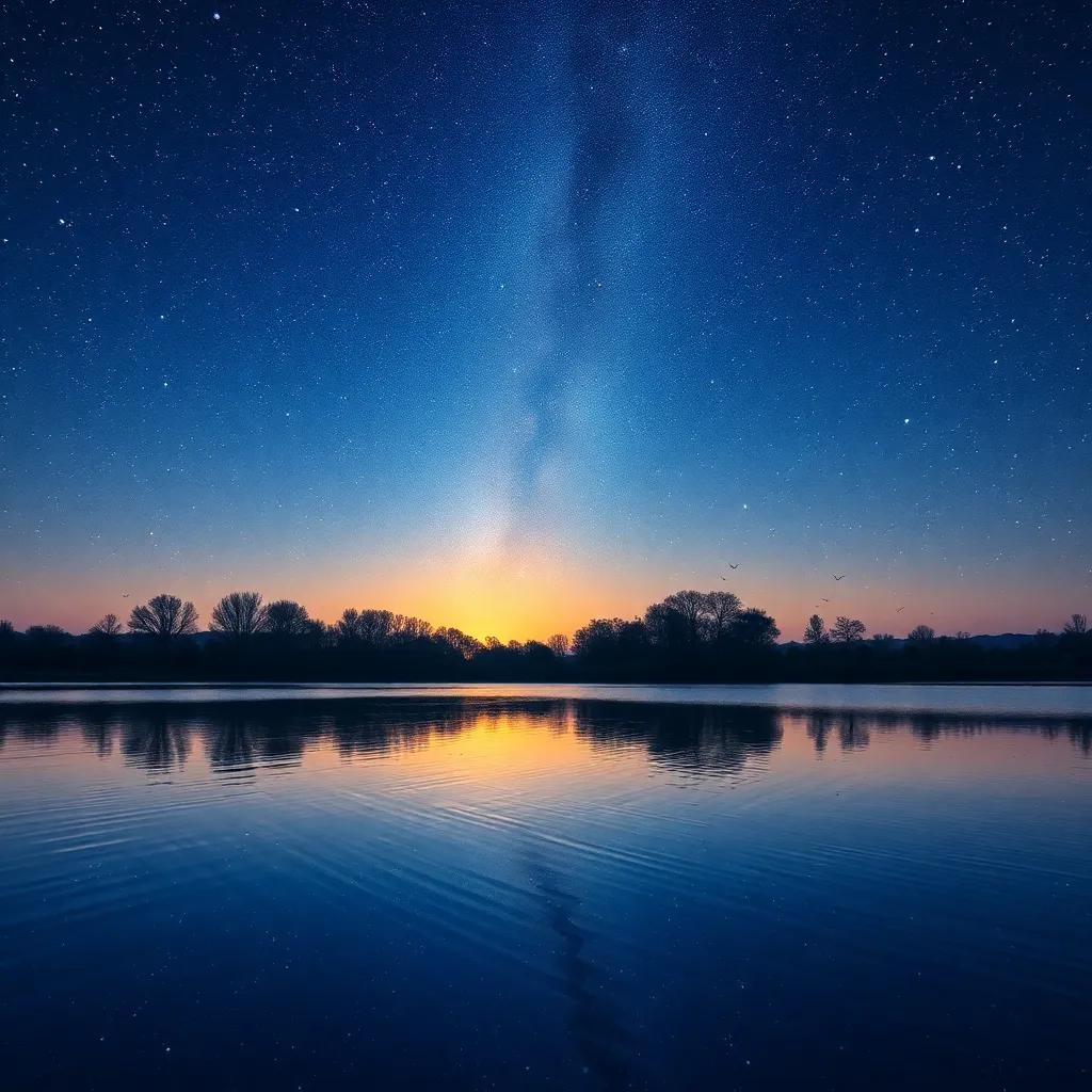 A starry night sky above the lake, birds singing sweet melodies as reflections dance on the water's surface, digital art, peaceful and magical, high quality