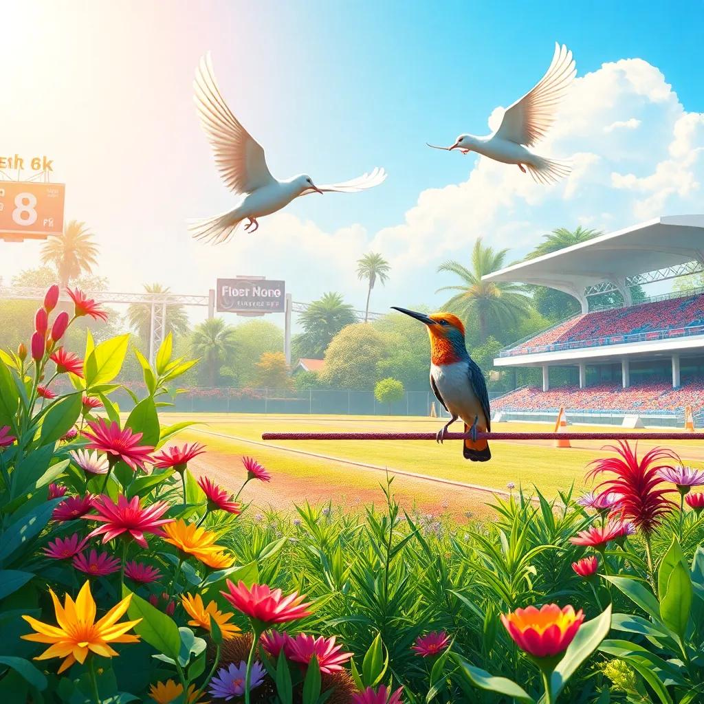A bright and beautiful morning with a dove flying high above a nature reserve, witnessing a hoopoe setting up barriers for a race track, colorful plants around, cheerful atmosphere, digital art, vibrant colors, warm light, high quality