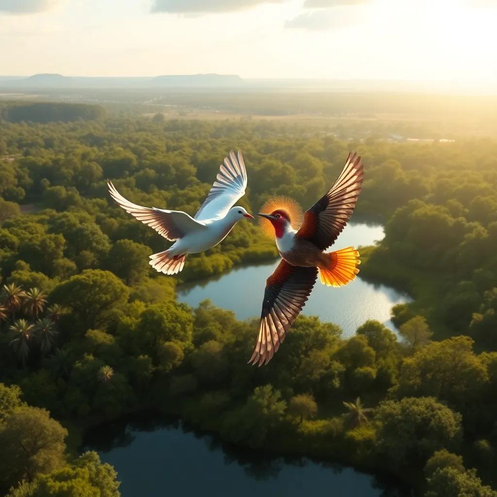 A dove and a hoopoe flying together over a stunning nature reserve, showcasing the wild greenery and a shimmering lake, digital art, peaceful scenery, soft sunlight, inviting