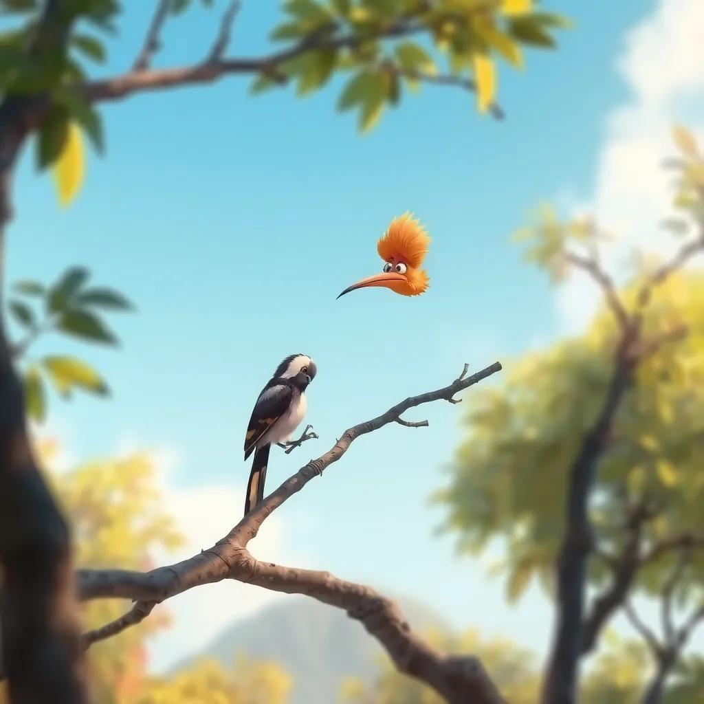 A sad hoopoe perched on a small tree branch, surrounded by beautiful nature but looking worried, a clear blue sky above, digital painting, emotional expression, warm colors, serene atmosphere