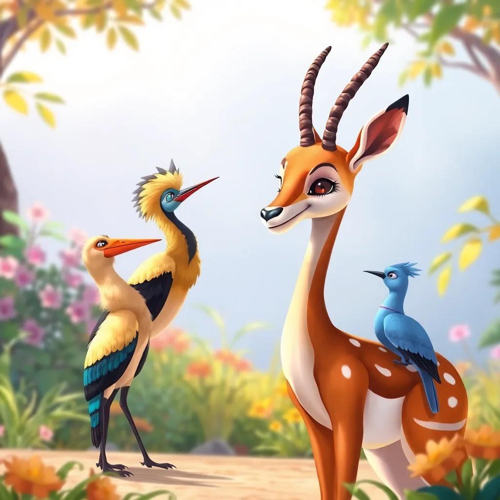 A beautiful gazelle with a calm smile comforting the hoopoe and dove, standing in a vibrant, lush setting, encouraging collaboration to protect the environment, bright colors, positive energy, detailed illustration