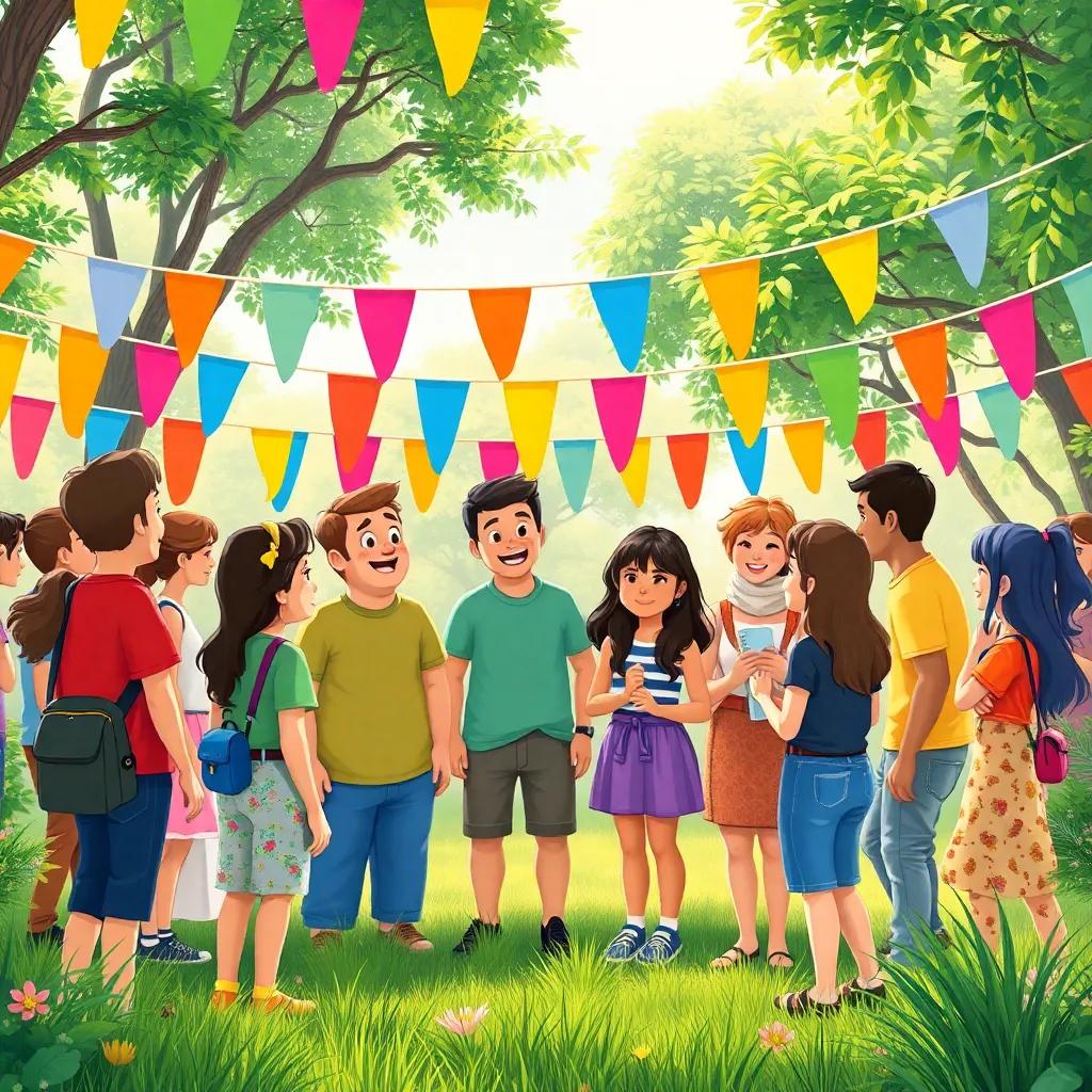A gathering of friends among colorful banners, discussing plans to protect the nature reserve and make it beautiful again, a sense of teamwork and joy, digital art, cheerful, lively colors, friendly vibe