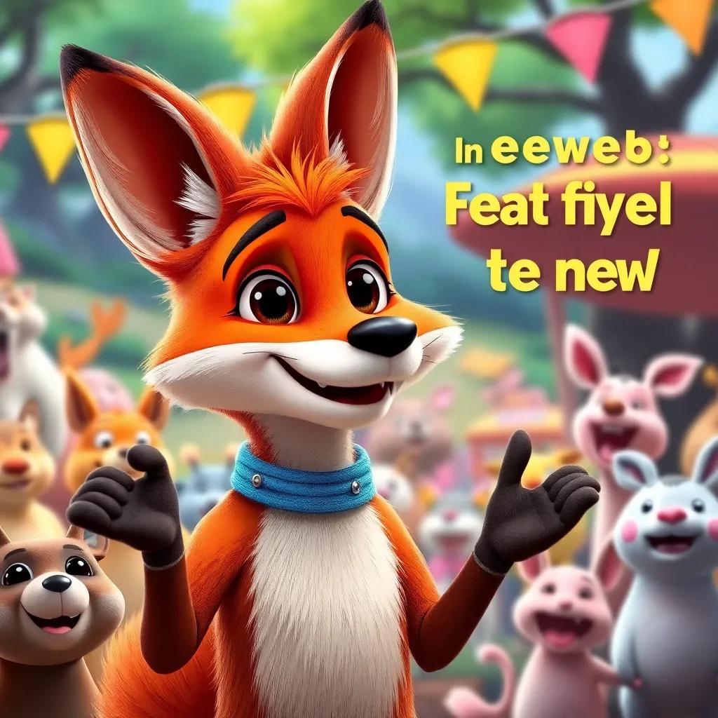 A wise fox with an intelligent look presenting ideas to help and organizing a fun festival, surrounded by excited animals, bright colors, joyful energy, picturesque background