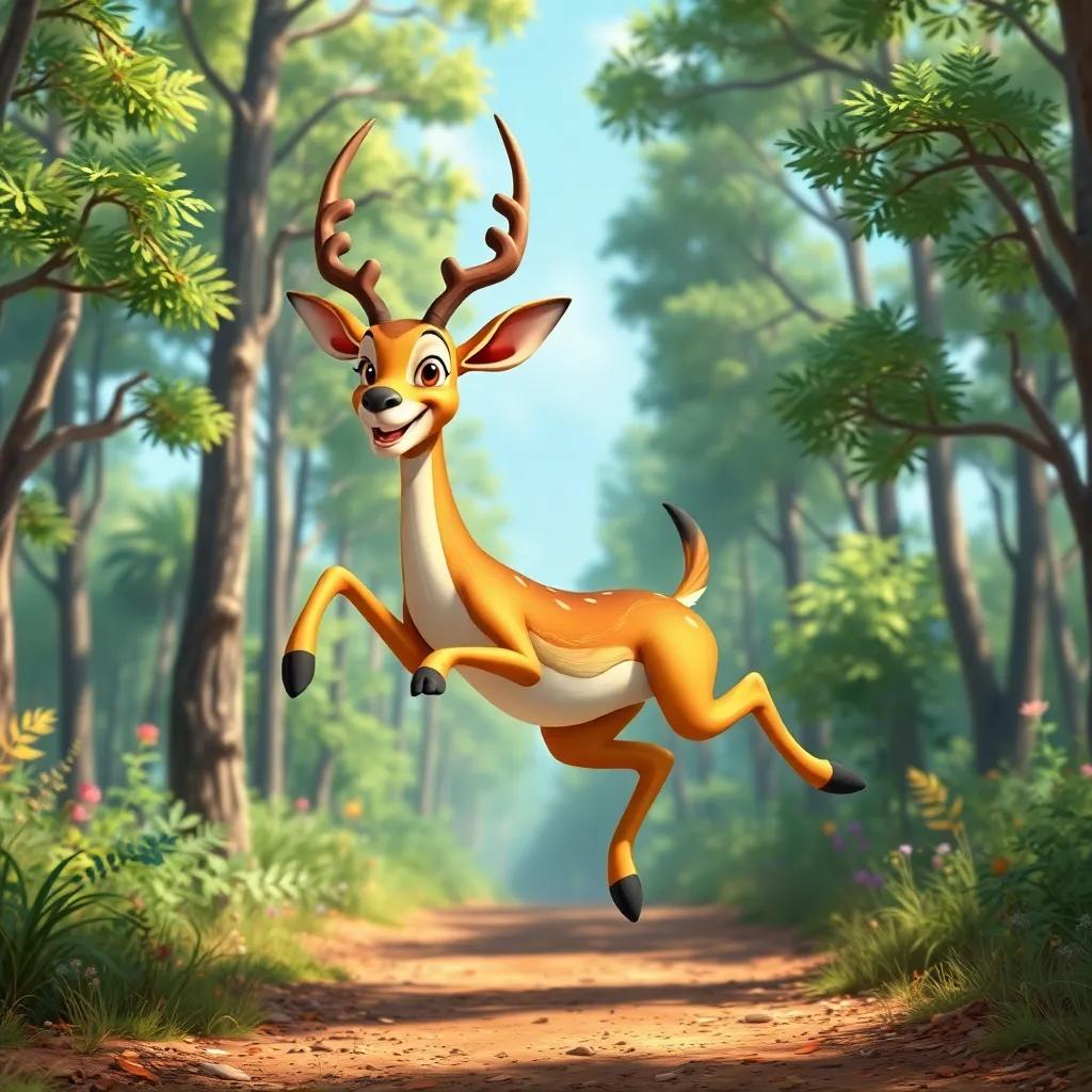A lively gazelle jumping happily, announcing a kids' race among the trees, surrounded by nature and laughter, bright and colorful, digital art, festive atmosphere, high quality