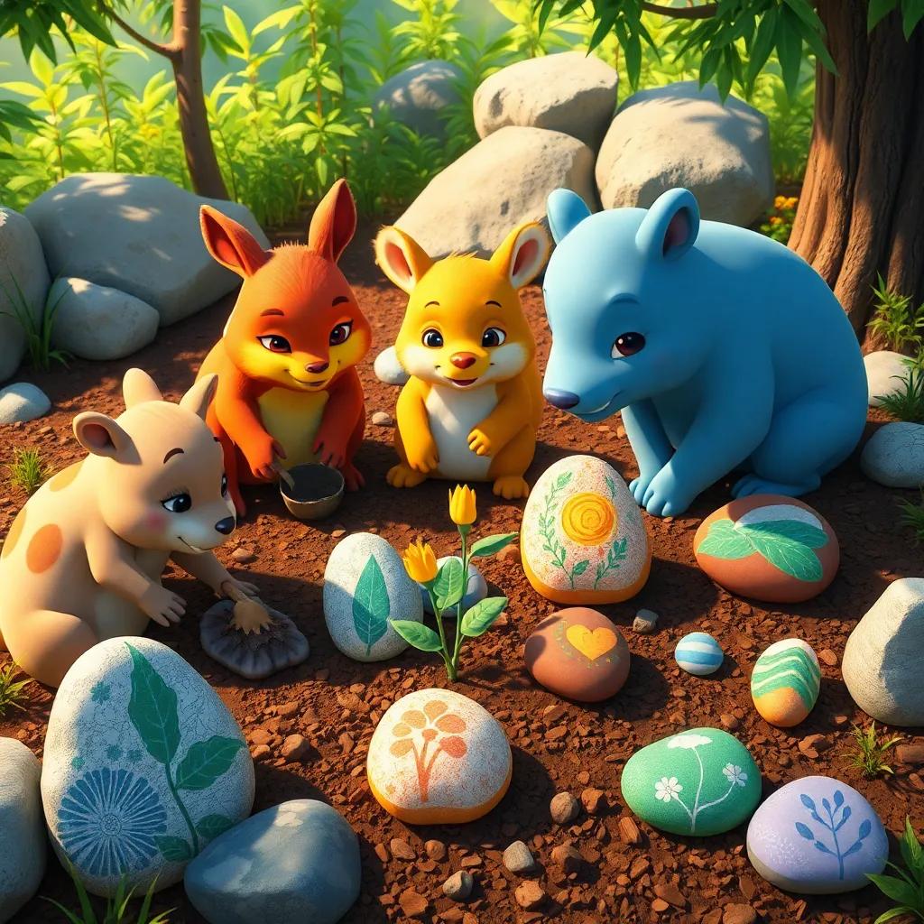 A scene of animals cleaning up the nature reserve and planting new plants with colorful rocks decorated with nature drawings, a sense of community and love for the environment, detailed digital illustration, charming