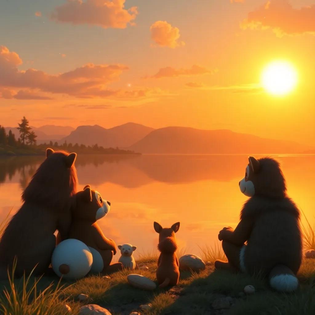 As the sun sets, animals gather by the lake enjoying the view, with a reflection of stars on the water, sharing heartwarming messages about protecting nature, warm colors, harmonious scene, high quality