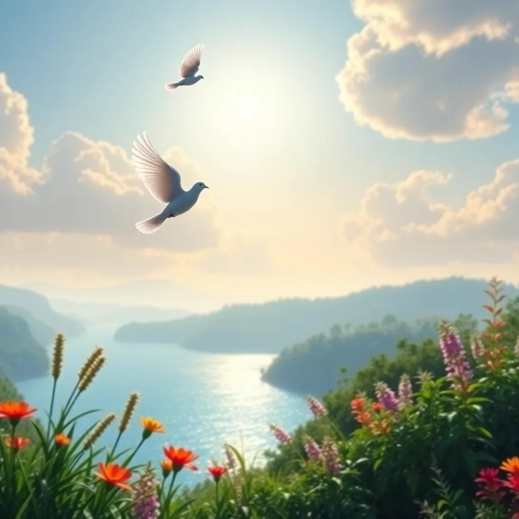 A beautiful bright morning scene with a dove flying in the sky above a reserve, vibrant plants, and a glistening lake below, digital art, cheerful atmosphere, bright colors, high quality