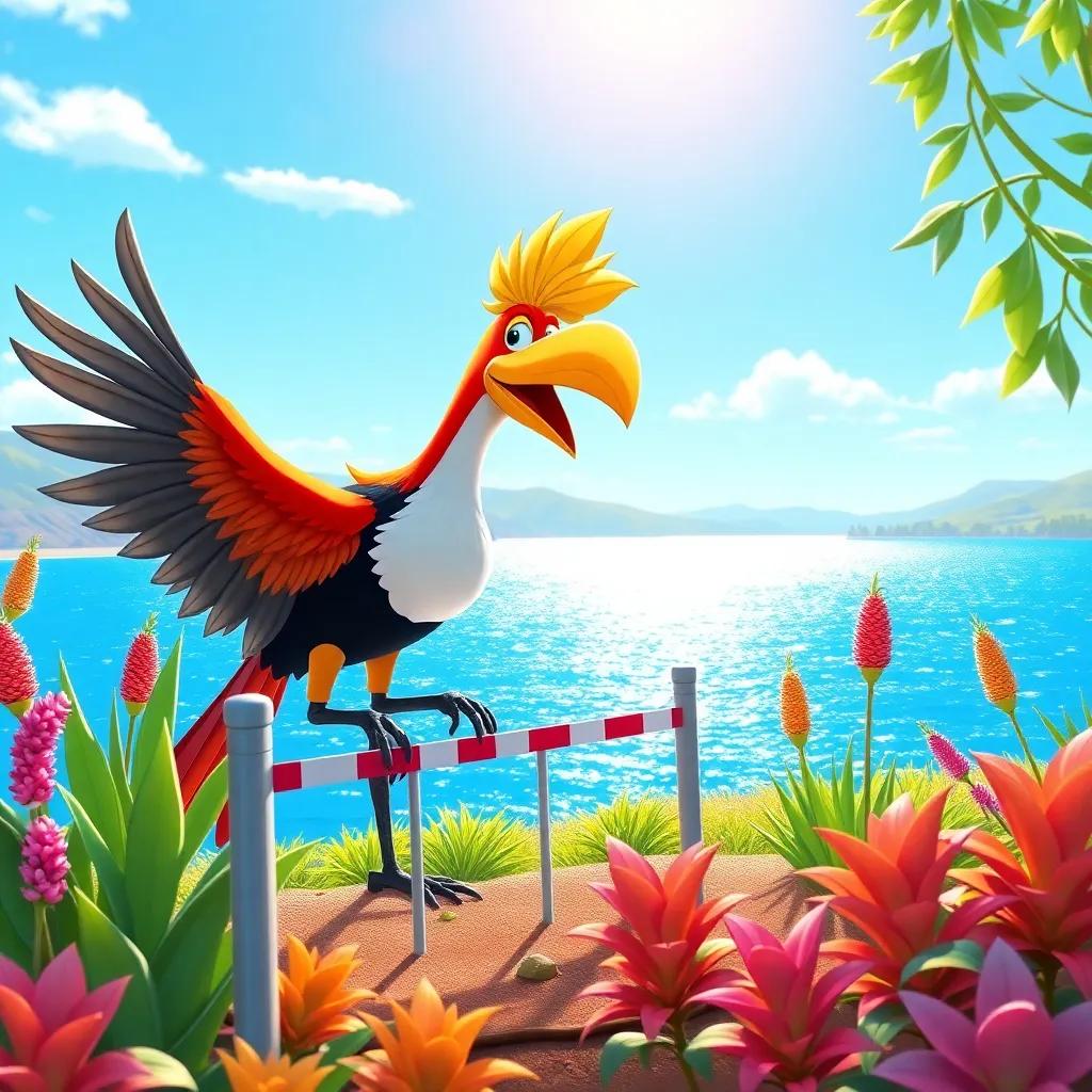 A hoopoe working diligently on setting up barriers for a race track, surrounded by colorful plants and the sparkling lake under a clear blue sky, illustration, lively, heartwarming, child-friendly