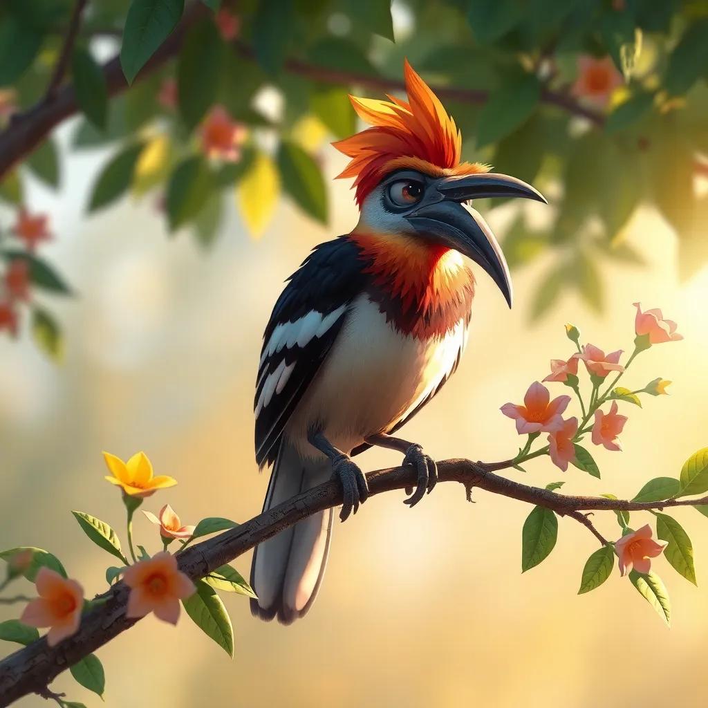 A sad hoopoe perched on a small tree branch, looking troubled, with colorful flowers around, soft sunlight filtering through leaves, digital painting, emotional expression, warm tones, engaging perspective