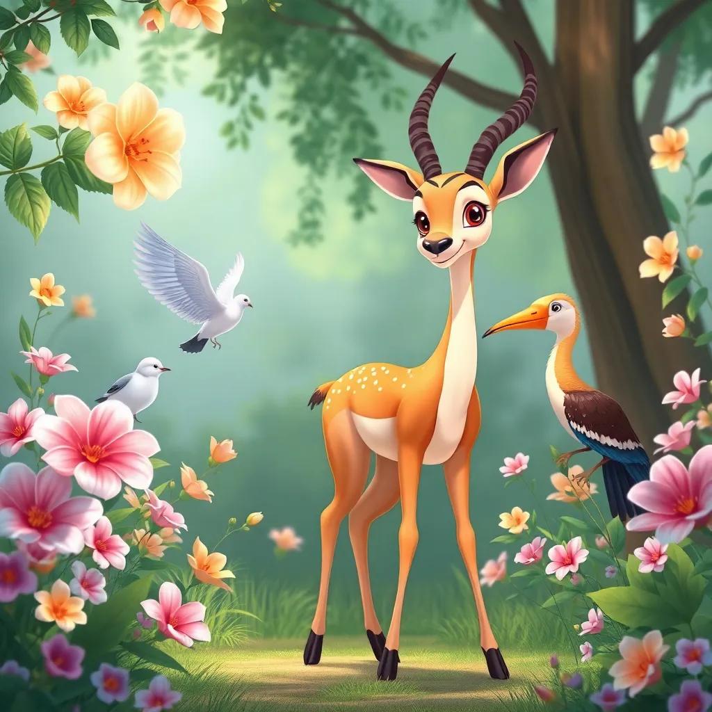A graceful gazelle entering the scene with a gentle smile, surrounded by beautiful flora, engaged in a friendly conversation with the dove and hoopoe, illustration, serene ambiance, harmonious colors
