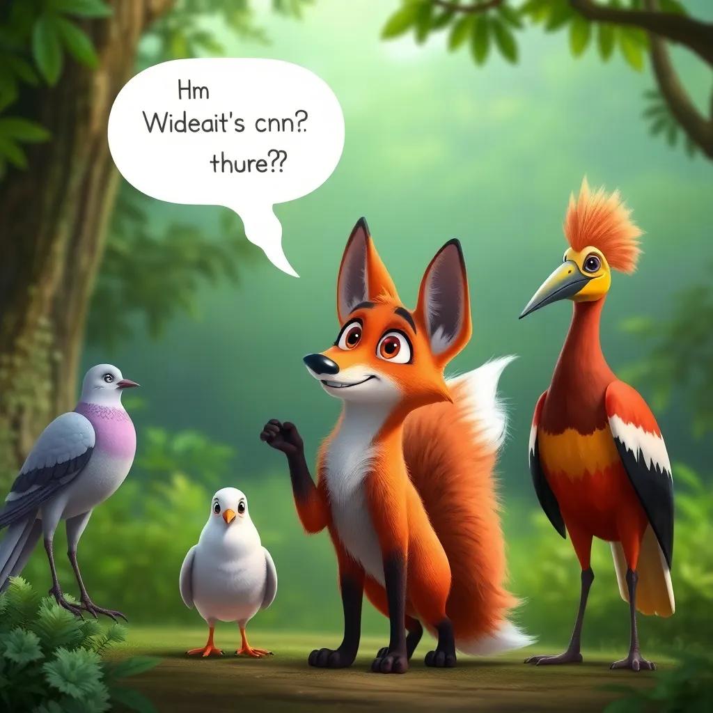 A wise fox with intelligent eyes proposing ideas, standing beside the dove and hoopoe, surrounded by the lush green background of the reserve, digital art, animated style, friendly vibe