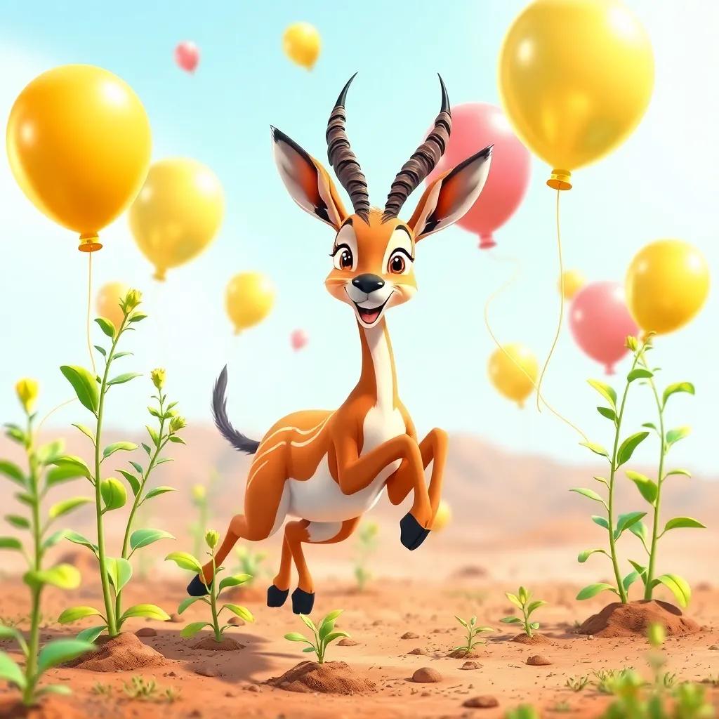 A lively scene of the gazelle with green saplings and a cheerful idea balloons around, engaging in planting while hopping energetically, illustration, colorful and inviting, dynamic perspective