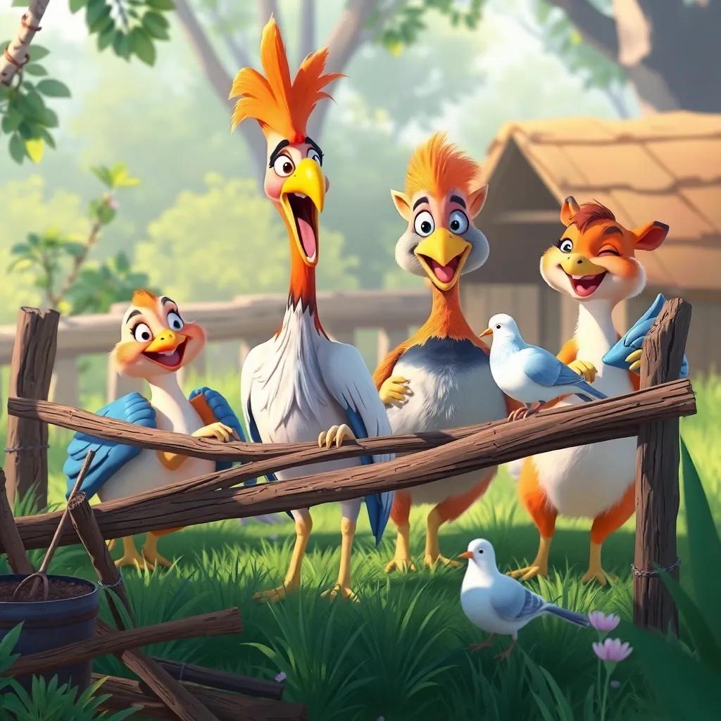 A group of animals working together happily, the hoopoe gathering sticks for a fence and the dove cleaning the area, cheerful expressions, digital painting, vibrant, collaborative scene