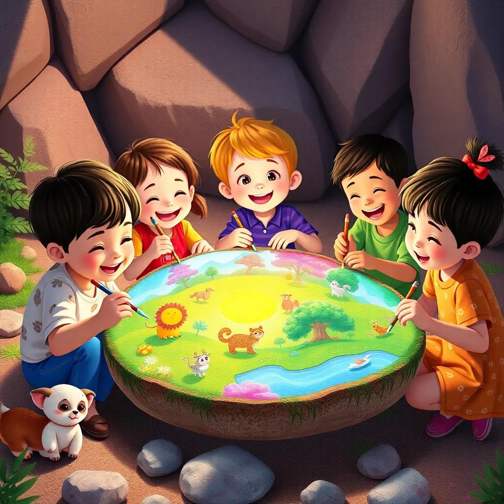 Children painting colorful rocks with images of nature, surrounded by animals and laughter, joyful scenery depicting their creativity, bright and cheerful