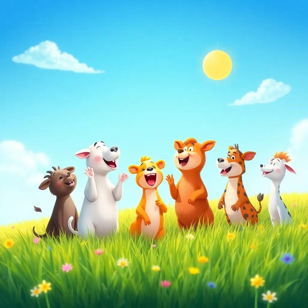 All animals singing together under a blue sky with a sunny, lively atmosphere, harmonizing around a bright green meadow, illustration, upbeat, cheerful and vibrant
