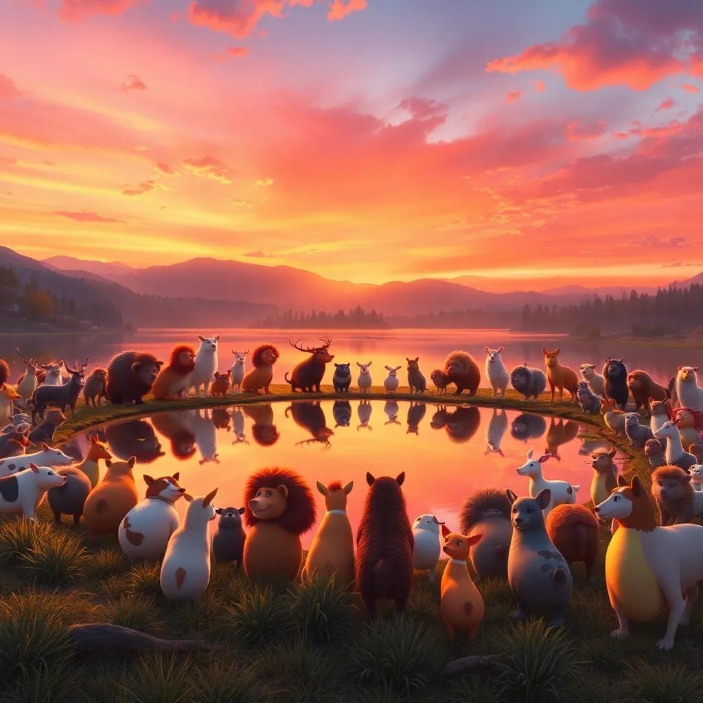 A sunset scene of all animals gathering around the lake, reflecting the beautiful colors of the sky, showing unity and joy as they celebrate their achievements, digital artwork, warm colors, breathtaking view