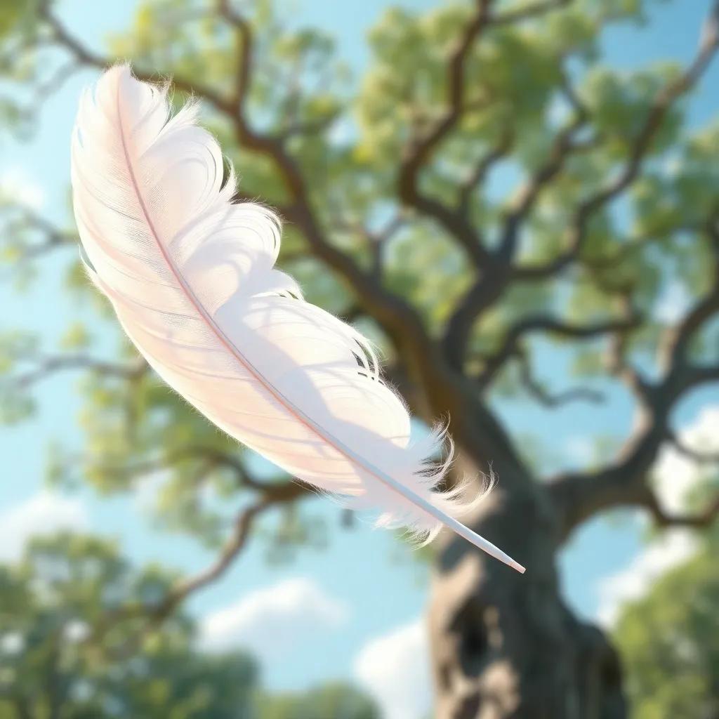 A light feather with soft textures and delicate edges, fluttering gracefully in the air, with a giant tree branch in the background, bright sky and gentle breeze, digital art, playful atmosphere, vibrant colors, high quality