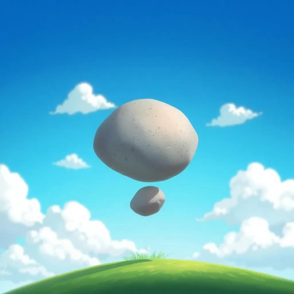 A small, round stone, with a smooth surface, falling quickly toward the ground, surrounded by a blue sky and fluffy clouds, capturing the moment of descent, illustration, cheerful, dynamic scene, child-friendly