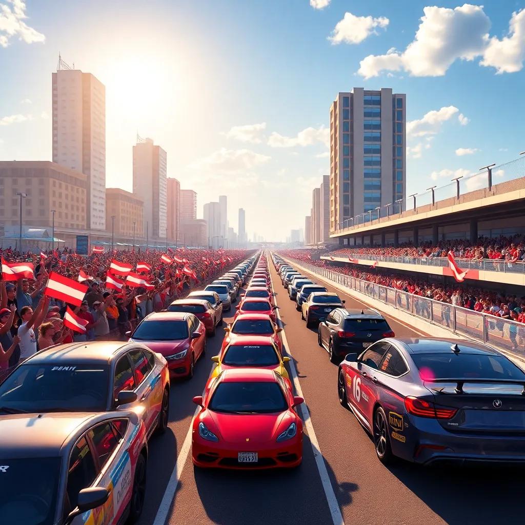A sunny day in a busy city with cars lined up at a bright racetrack, excited crowds holding flags, digital art, vibrant colors, festive atmosphere, high angle view, high quality