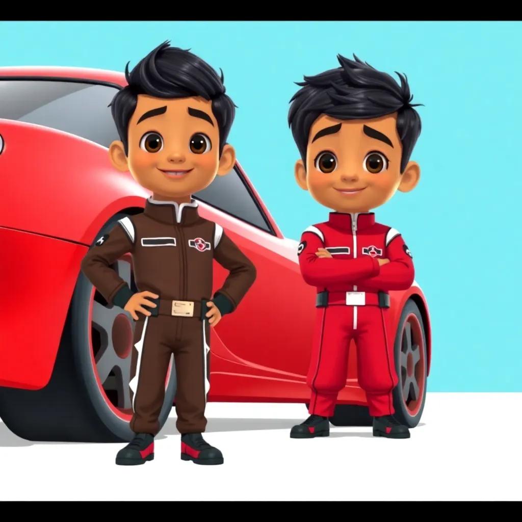 Kamal, a brave boy, with dark hair wearing a racing suit, standing proudly beside his shiny red car, filled with determination, illustration, cheerful, bright colors, close-up view, high quality