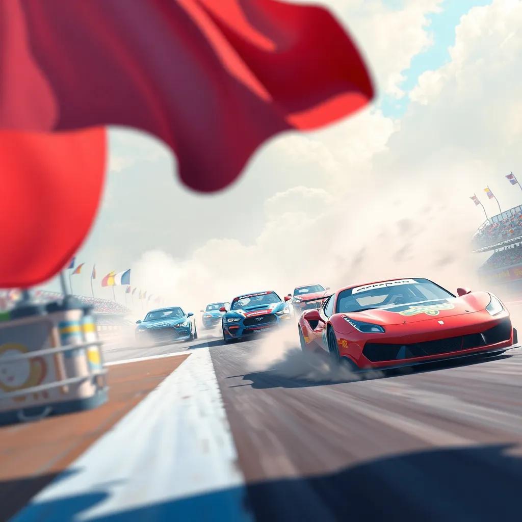 A thrilling start with the race flag waving, cars zooming off the starting line in a cloud of dust, digital painting, dynamic composition, energetic colors, perspective from ground level, high quality