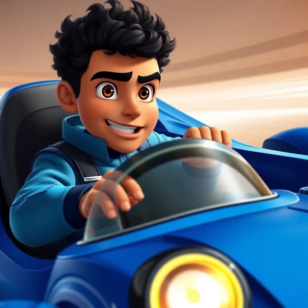 Sami, a strong boy with curly hair, in a blue racing suit driving his powerful blue car, close to Kamal, showcasing tension and competitive spirit, illustration, detailed expressions, action shot, high quality