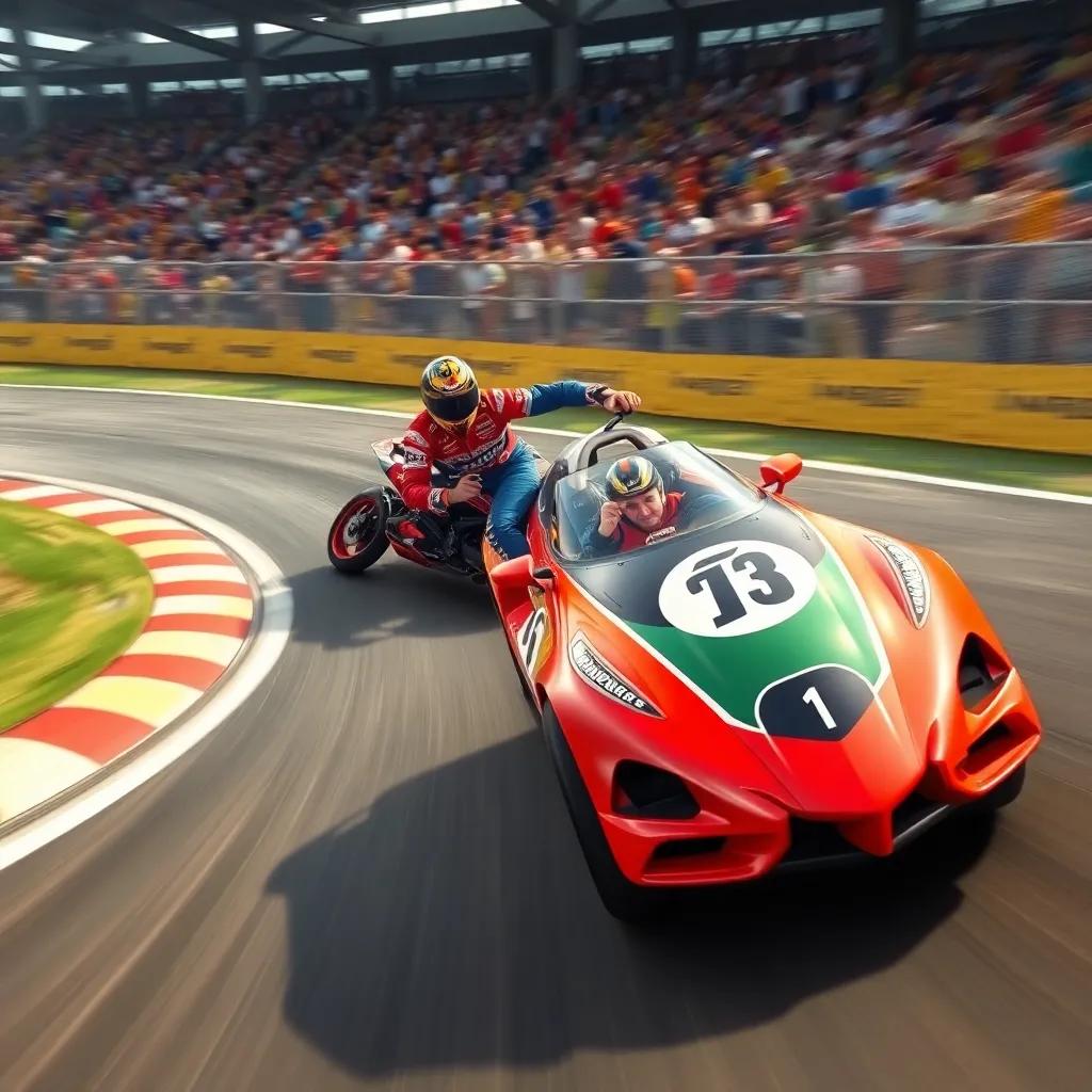 Kamal making a daring turn, overtaking Sami in a sharp curve, with spectators cheering in the background, digital artwork, motion blur, excitement, eye-level view, high quality