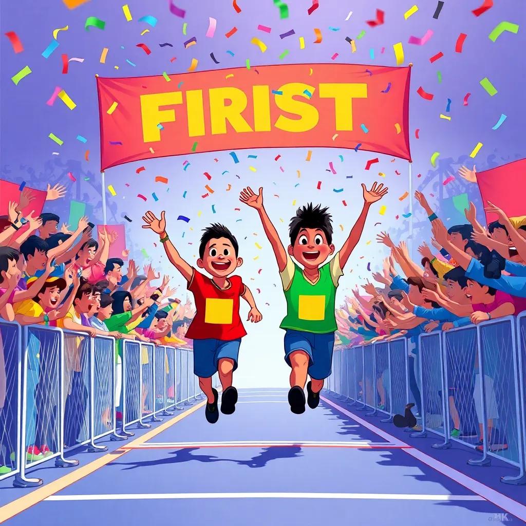 A cheering crowd with colorful banners, celebrating as Kamal crosses the finish line first, vibrant confetti in the air, illustration, joyous atmosphere, brilliant colors, wide angle view, high quality